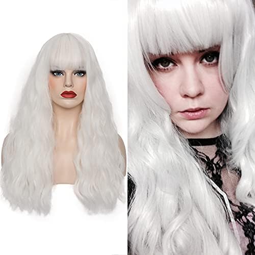 Women's White Wig 22''Long Curly Wavy Wig Shoulder Length Flat Bangs Wig For Women Girl Cosplay Party Halloween Wig Cap Included (22''White)