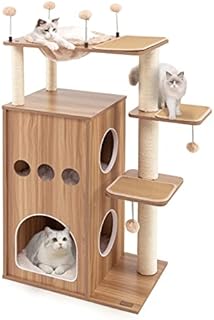 COSTWAY Wooden Cat Tree, Multi-Level Cats Climbing Tower with Hammock, 2 Condos, Scratch Posts, Washable Mats and Spring Balls, Indoor Kitten Activity Furniture Play House
