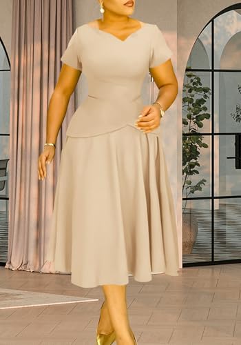Image of Women Casual Plus Size A Line Dress V Neck Short Sleeve Pleated Wedding Guest Party Midi Dresses