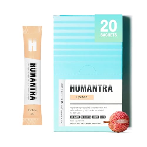 Humantra Electrolytes Powder - Lychee Flavor 20ct - Powdered Hydration Sachets - Plant-Based Electrolyte Powder with 6 Electrolytes - Vegan Sugar Free Gluten Free