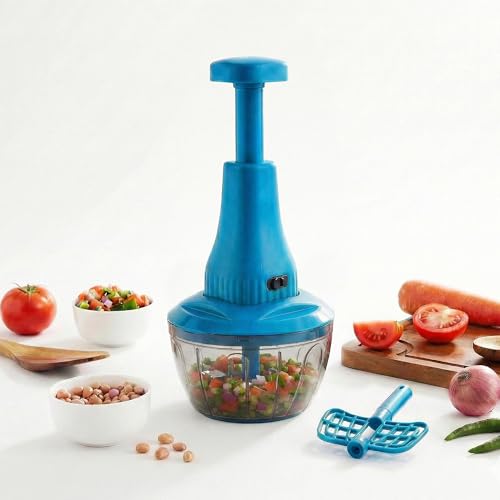 Image of Chopper for Kitchen Use | 650 ml Round Push Chopper with 3 Blades and Whisker | Chopping Vegetables & Fruits, Onion, Ginger, Garlic, Salad, Tomato, Potato (Blue)
