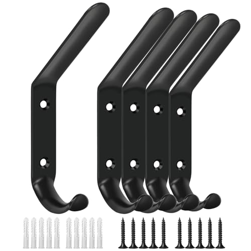 L&lonpa 5 Pack Coat Hooks for Hanging with Screws Heavy Duty Modern Double Prong Wall Hooks Black Metal Coat Hanger Wall Mount F9184 Multipurpose for Scarf, Backpack, Key, Hat