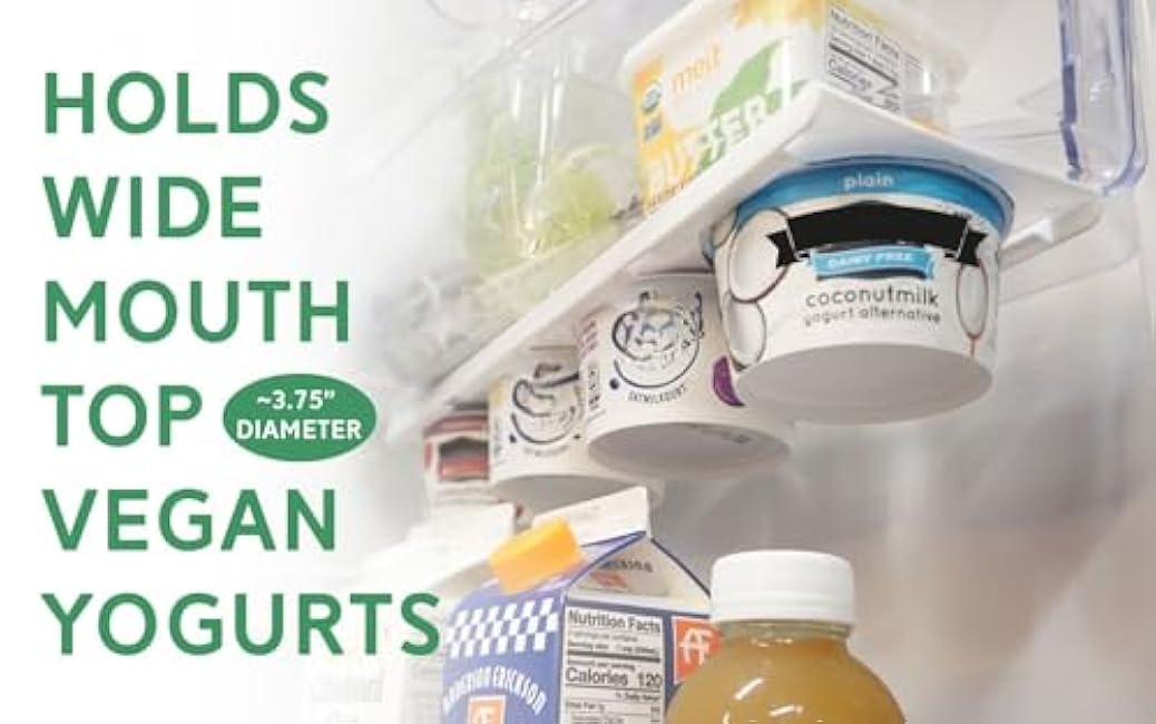 Storage Theory Yogurt Organizer for Fridge ¨C Under-Shelf Refrigerator Slide for 4 Wide-Mouth Cups ¨C Peel and Stick Yogurt Storage Caddy for Greek Yogurt & Vegan Cups ¨C 1 Pack, White