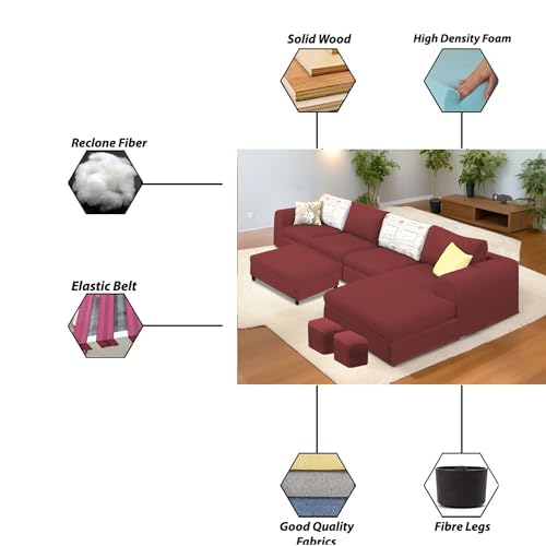 Image of Koza RHS 8 Seater L Shape Sofa Set with Center Table for Living Room (Maroon Fabric) Premium Fabric Sofa