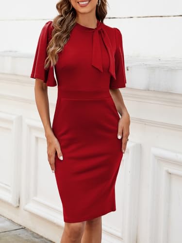 Mokayee Womens Collar Ruffle Sleeve Bodycon Church Cocktail Pencil Midi Dresses with Pockets2