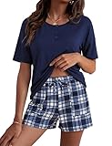 Bresdk Pigiama Donna Estivo Corto Top Maniche Corte Henley + Pantaloncini a Quadri Morbido per Dormire e Loungewear Casa, Blu Navy Bianco, M