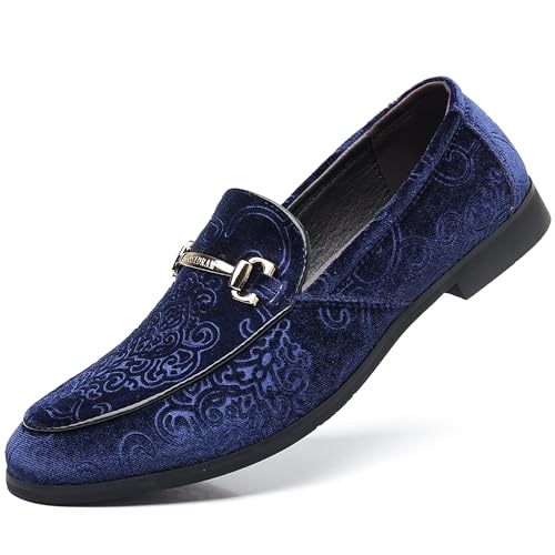 COSIDRAM Men's Velvet Penny Loafers Luxury Vintage Jacquard Pattern Classic Gold Buckle Party Prom Dress Shoes Blue 8.5
