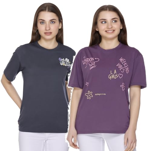 Image of Women Printed Drop-Shoulder Sleeves Oversized Pure Cotton T-Shirt (Combo of 2) |XS-XL Size