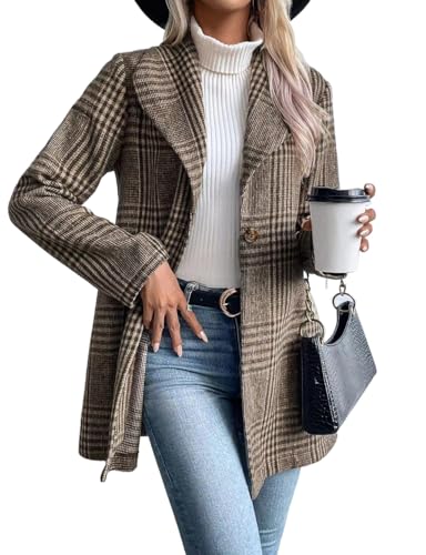 IDEALSANXUN Long Wool Plaid Blazer for Women Fall Outfits Winter Trench Coat Long Sleeve Casual Dressy Lapel Jacket Peacoat