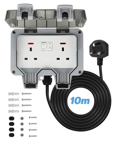 Outdoor Socket Waterproof, 10m Outdoor Plug Sockets, IP66 Waterproof Outside Sockets, Double Socket 10M Extension Lead, Wall Electrical Outlet 13 Amp, 2 Gang Storm Switched Indicator Light