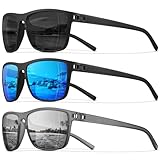 STORYCOAST Polarized Sunglasses for Men Women Classic Square Sports Fishing Running Golf Sun Glasses UV Protection 3Pack-Black+Blue+Silver