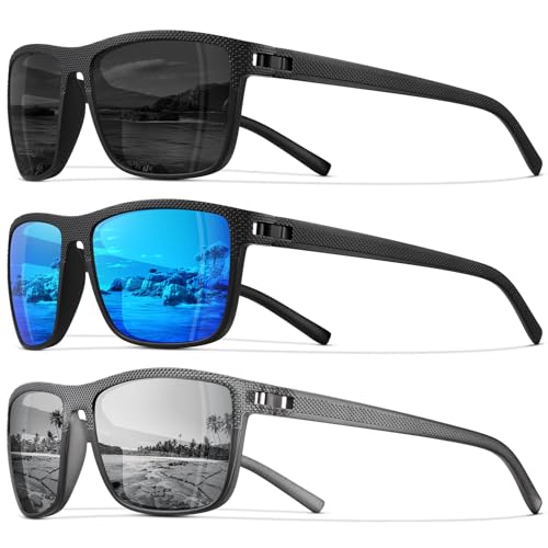 STORYCOAST Polarized Sunglasses for Men Women Classic Square Sports Fishing Running Golf Sun Glasses UV Protection 3Pack-Black+Blue+Silver