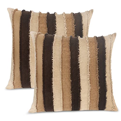 Image of Encasa XO Chenille Cushion Covers (Pack of 2) with Patchwork 45x45 cm - Mix & Match Pillow Covers in Bright Colours for Living Room, Sofa, Bedroom - Brown