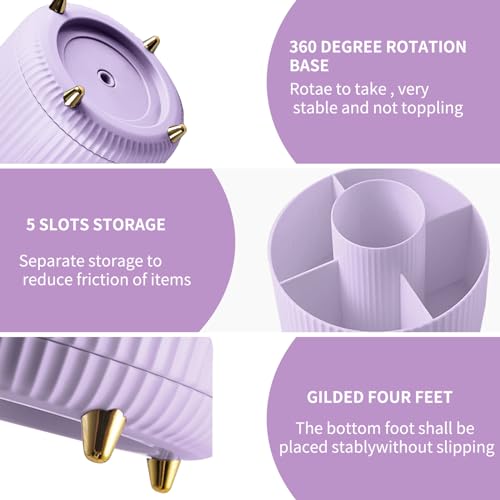 360° Drehbar Make up Organizer, Pinselhalter Kosmetik Aufbewahrung mit 5 Fächern, Aesthetic Schminktisch Organizers für Zimmer Decor Frisiertisch, Schlafzimmer,Badezimmer Organisation (Purple)