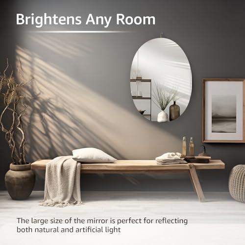 Image of Amazon Basics Frameless Oval Wall Mirror, 18 x 24 Inch, Beveled Edge Glass, Unframed Decorative Mirror for Bathroom, Bedroom, Living Room, Entryway & Dressing