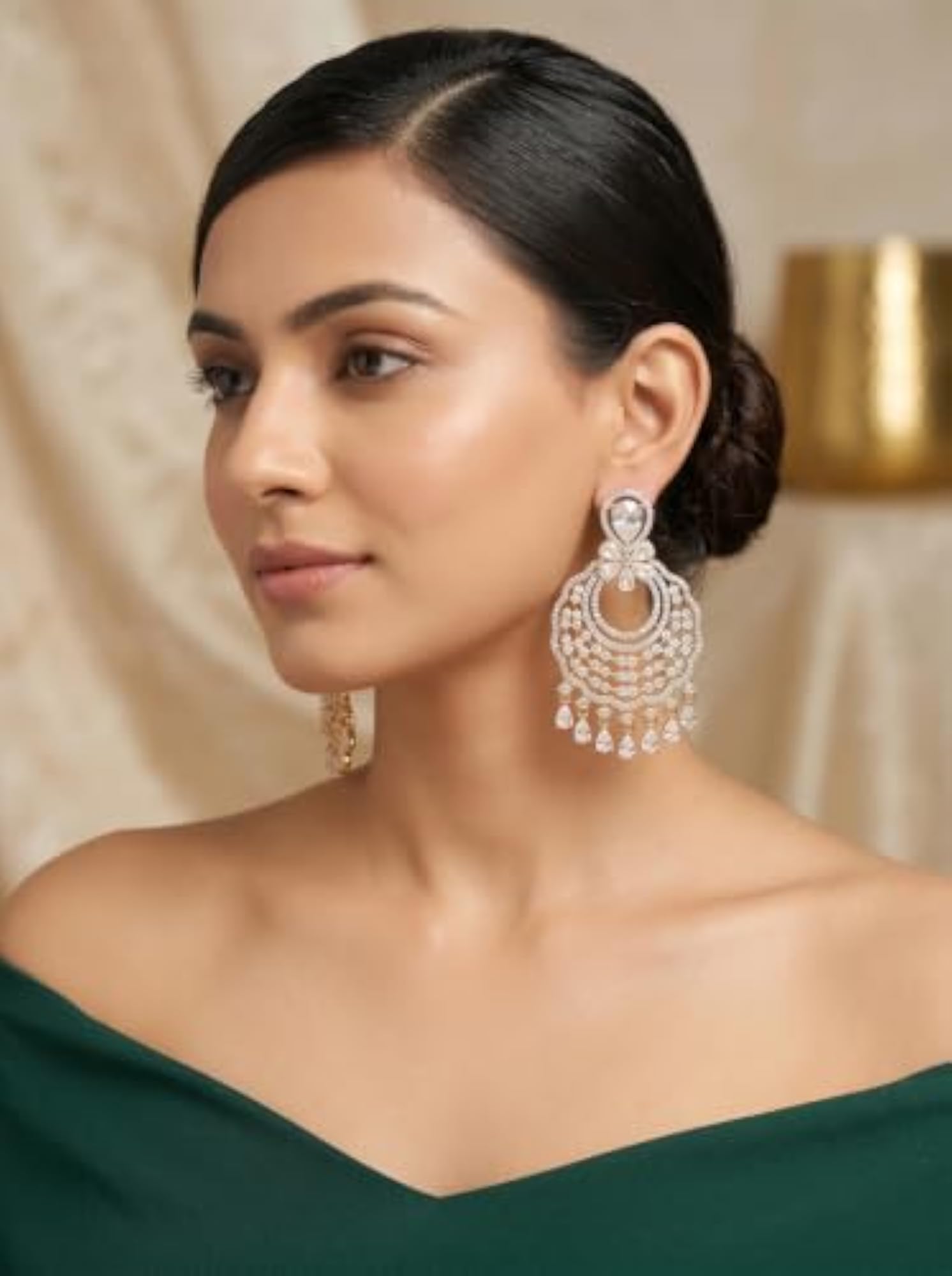 Women's Rose Gold Plated American Diamond Statement Chandbali Earrings