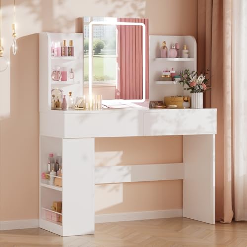 Airfish Tocador de Maquillaje con Espejo y LED Luz Regulable, Mesa de Maquillaje con 2 Cajones y 4 Estantes, Estante Inferior, Vanity de Escritorio Moderno para Dormitorio, 108x40x136 cm, Blanco