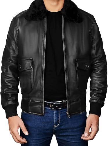 Mens G1 Aviator Pilot Removable Fur Collar Bomber Leather Jacket Black/Brown-Real/Faux2