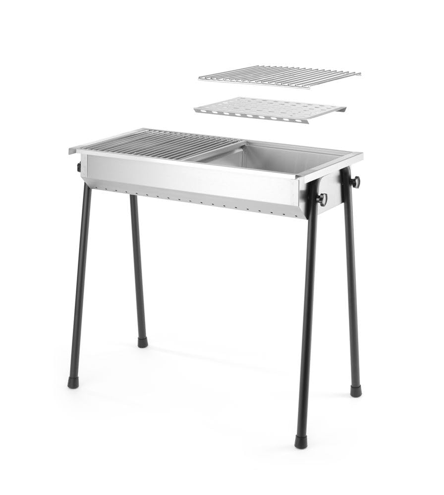 HENDI Holzkohlegrill, inkl 2 roste von je 345x345mm, Model Patio, mit abnehmbaren Füßen, Bräter, BBQ, nur für Verwendung im Aussenbereich, 770x380x(H)760, Edelstahl 18/0