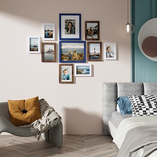 Image of Vittanly Picture Frames Set of 10, Picture Frames Collage Wall Decor with Two 8x10, Four 5x7 and Four 4x6 Photo Frames, Gallery Wall Frame Set for Wall or Tabletop Display, Blue, Brown and White