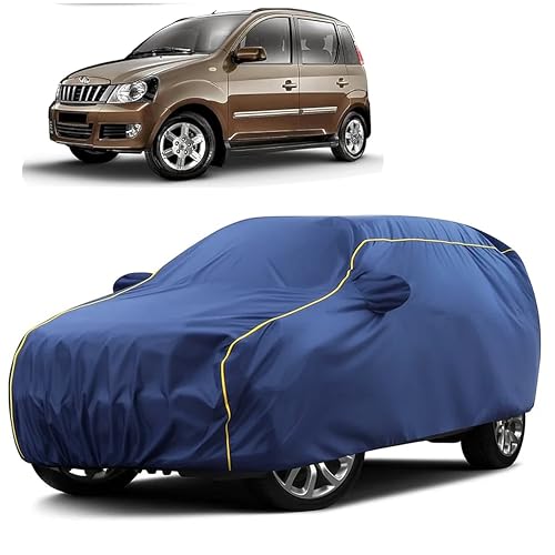 Image of Sulfar 100% Water Resistant Car Body Cover Compatible with Mirror for Mahindra Quanto (Triple Stitched, Full Bottom Elastic, Blue Taffeta with Yellow Piping)