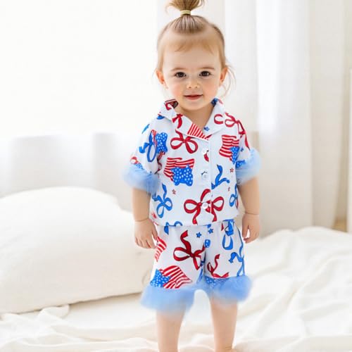Kuriozud Toddler Girl Pajamas 4th Of July Baby Silk Satin Nightgown Girls Fourth Of July Pjs Button Down 2Pcs Pajamas Set2