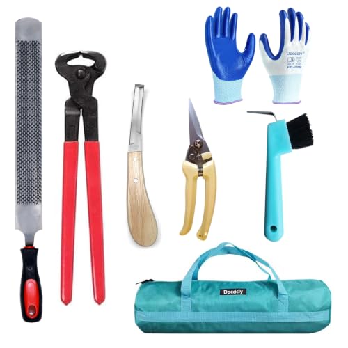 Image of 14 Inch Horse Farrier Tool Kits,7 Piece Professional Hoof Trimming Kit with Hoof Nippers, Rasp, Shear Cutter, Hoof Knife, Pick, Gloves, Storage Bag, for Horse Goat Pig Hoof Care