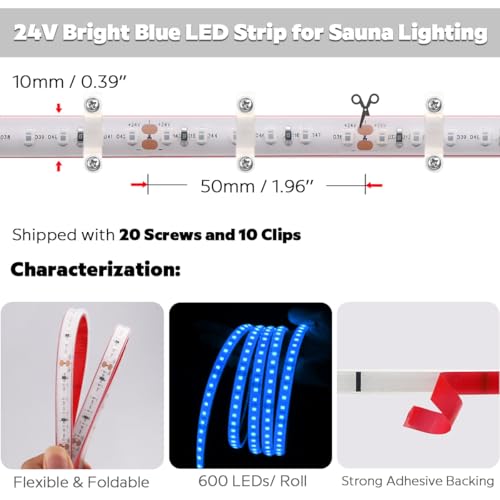 Image of SuperLightingLED 24 Volt Blue LED Strip Sauna Light, Heat-Tolerant Flexible Dimmable Cuttable 5m /16.4ft 600 LEDs High-Density Bright IP68 Waterproof Sauna Room LED Tape (Blue)