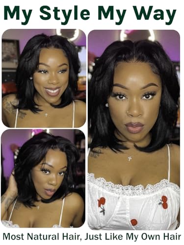 Image of KLAIYI Yaki Straight Bob Wig Bye Bye Knots Glueless Pre Everything 13x4 Lace Frontal Wigs Human Hair Pre Cut Pre Plucked Pre Bleached Put On and Go Wigs for Beginners 30S Easy to Wear Kinky Wig 12Inch