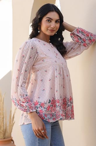 Image of Janasya Women's Peach Georgette Floral Print Flared Top