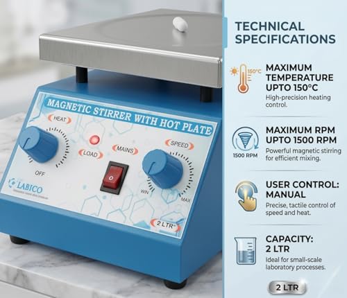 Image of Magnetic Stirrer with Hot Plate | 2L Capacity | 1500 RPM | Up to 150C Heating | Dual Function Stirring & Heating | Adjustable Manual Control | Durable Lab Equipment with 1-Year Warranty (Blue)