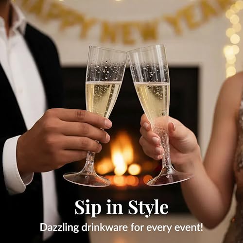 Prestee 100 Pack Clear Plastic Champagne Flutes - 4.5 oz Durable Disposable Champagne Glasses for Parties, Weddings, Toasting and Large Celebrations - Elegant Wine Glasses Stemware for Easy Cleanup