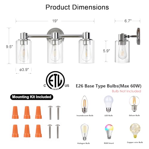Image of 3 Light Bathroom Wall Light Fixtures Chrome Bathroom Wall Sconce with Clear Glass Lights Over Mirror Vanity Lights E26 Base