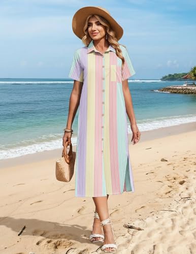 Image of HOTOUCH Womens Dress Summer Casual Midi Short Sleeve Button Down Shirt Dresses Loose Beach Cover Up with Pockets