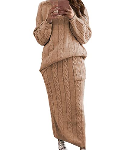 Image of Sexyshine Women's Cable Knit Long Skirt 2 Piece Outfit Chunky Oversized Pullover Sweater Top and Long Pencil Skirt Sets