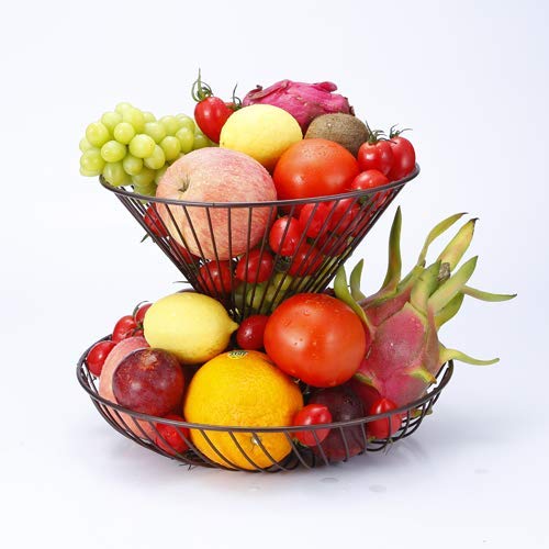 Cesta de almacenamiento de metal decorativo de 2 niveles, soporte de exhibición de frutero independiente para encimera de cocina, bronce Cover