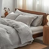 Simple&Opulence 100% Washed Linen Duvet Cover with Embroidered,3 Pieces Soft Farmhouse Comforter Set with Button Closure,1 Duvet Cover and 2 Pillowshams(Queen,Light Grey)
