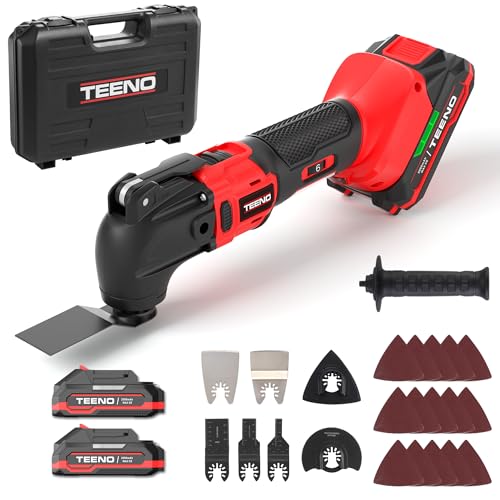 TEENO Multiherramienta Oscilante, 20V Brushless Herramienta Multifunción con 6 Velocidades, 8500-21000RPM, Cargador, 25 Accesorios, Herramientas Oscilantes para Cortar, Lijar y Pulido (2 pilas)