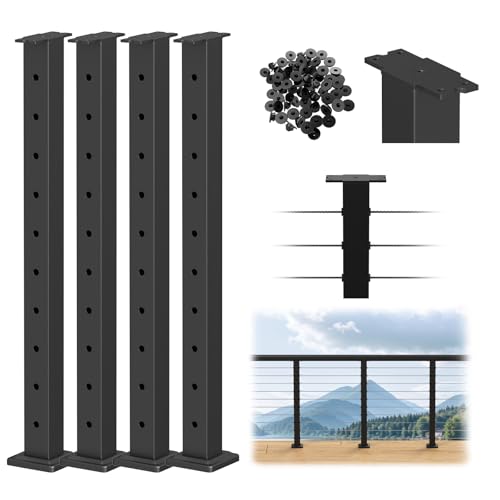Image of BLIKA 4 Pack 36 inch Level Drilled Cable Railing Post(Post 35 inchx2 inchx2 inch), Flat Top Surface Mount Deck Post, Stainless Steel Black Powder Coated Finish Cable Handrail Post for Deck Railing, BL02-LP