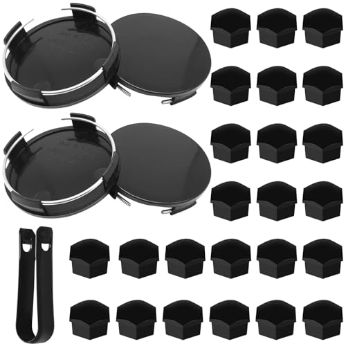 LongZYU 24 Tapones Tornillos Ruedas Coche 17 mm y 4 Tapa Bujes OD 60mm ID 56mm ABS Tapas Llantas Seat Cubierta Tuerca Ruedas Hexagonal para VW Au Automóviles con Juego de Herramientas de Extracción