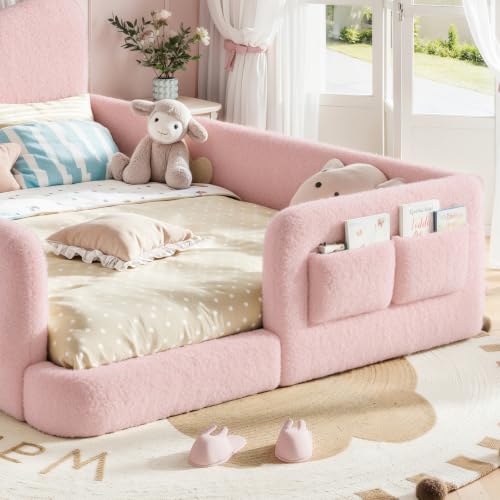 Image of Full Size Kids Bed with Bow-Shaped Headboard, Upholstered Teddy Fabric Twin Daybed with Slats Support & Side Pockets, Space-Saving Wooden Corner Sofa Couch Bed Frame for Girls, Boys, Teenager(Pink)