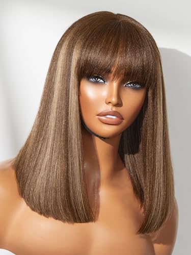 LUVME HAIR 14Inch Ash Blonde Highlights Yaki Blunt Cut Bob