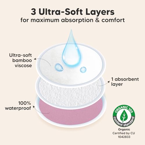 Image of Organic Breast Pads - 14 Viscose Derived from Bamboo Washable Pads + Wash Bag, 3-Layers Breastfeeding Nipple Pad for Maternity, Reusable Nipplecovers for Breast Feeding(Soft White Lite, L 4.8 inch)