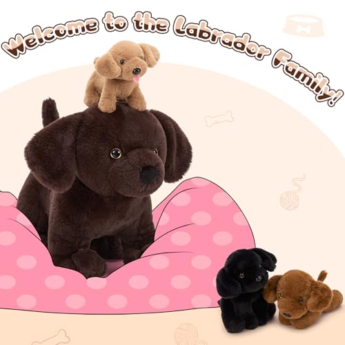 MorisMos 4 stücke Labrador Retriever Plüschtier Set, 40cm riesen Hund Kuscheltier Stofftier XXL Realistisch mit 3 Babys welpen im Bauch, Plüschhund Weihnachten Geschenk für Kinder Baby