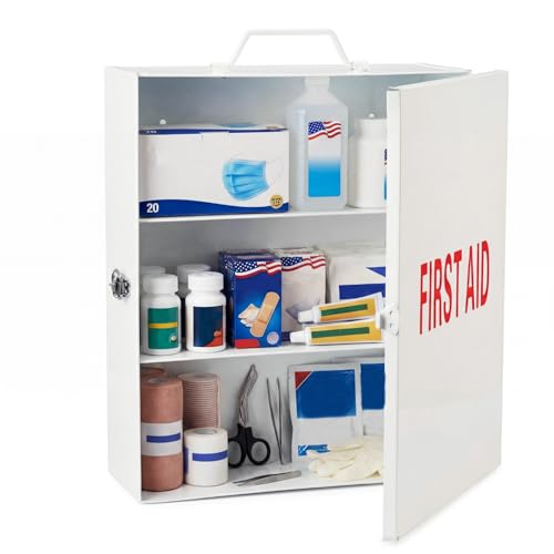 Timgle First Aid Kit with Lock 3 Shelf Wall Mount Medicine Cabinet with Key Lock & Handle Locking Medical Cabinet Lightweight Medium Organizer Steel Wall Storage Box for Business and Worksite
