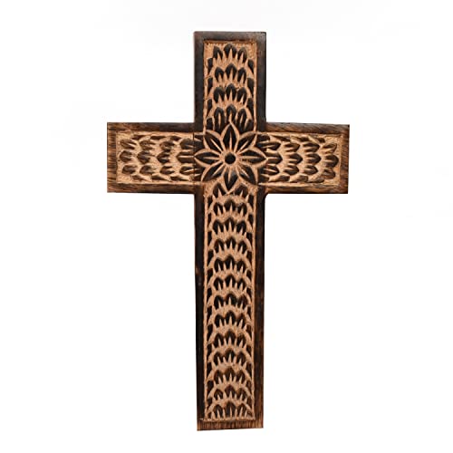 Samhita Mango Wood Wall Cross, Jesus Christ Floral Carving Family Cross Decor,Home Decoration (25.4cm x 15.24cm x 1.27cm)