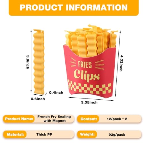 Image of 24 PCS Creative French Fries Snack Sealing Clips with Magnetic Storage Box - Crinkle Design Air-Tight Food Sealer for Kitchen Pouch, Chips, and Dry Fruits - Fridge Magnet Holder (Yellow)