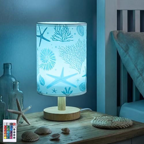 VIHOSE Ocean Table Lamp Beach Starfish Seashell Blue Night Light with Wood Base 16 Color Dimmable Led Fabric Shade Bedside Desk Lamp for Living Room Bedroom Home Decor Office Birthday Gifts