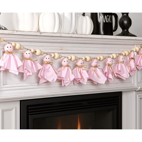 Halloween Garland Cute Pink Ghosts and Bead Banner Garland for Halloween Decor Handmade Rustic Decorations Indoor for Wall Home Indoor Outdoor Party Decorations