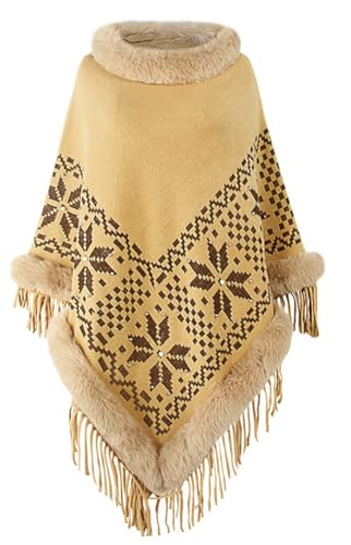 Women Tassel Poncho Cape Round Neck Pullover sweater Shawl Warp with Faux Fur Collar Knitted Floral Scarf